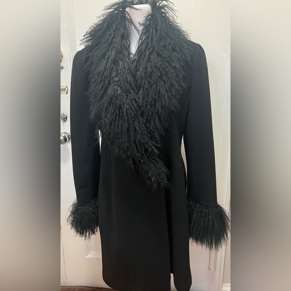 Steve By Searle Black Coat Women's Mongolian Lamb Trim/ Cashmere Blend